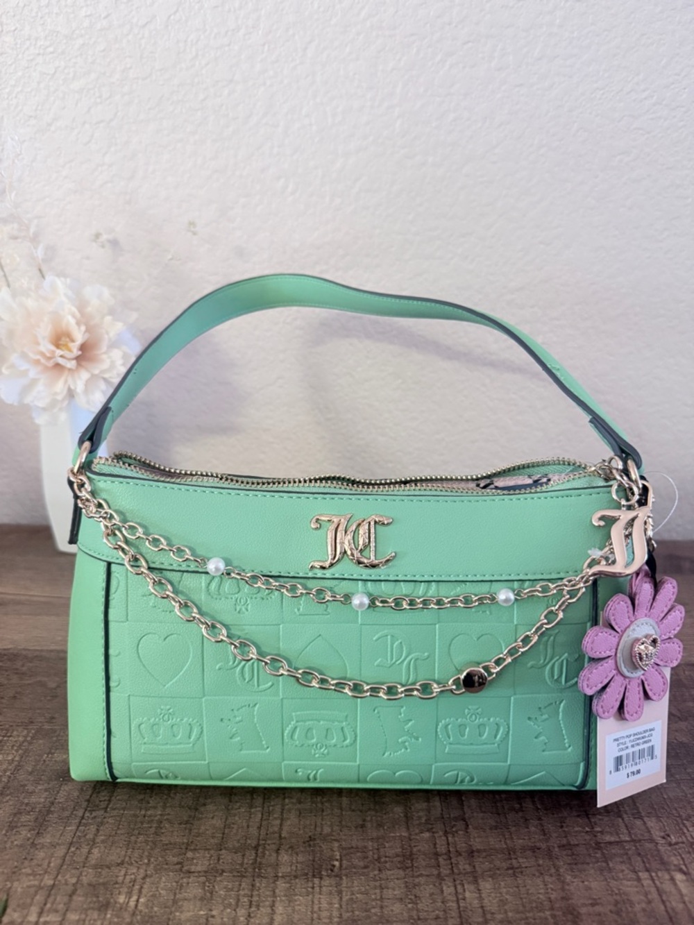 Green Embossed Chain-Accent Shoulder Bag juicy couture